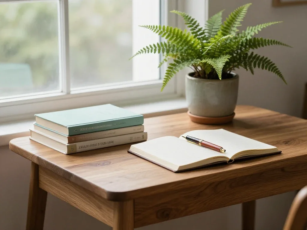 Table de lecture lumineuse avec carnets, livres et plantes pour un moment de réflexion calme.